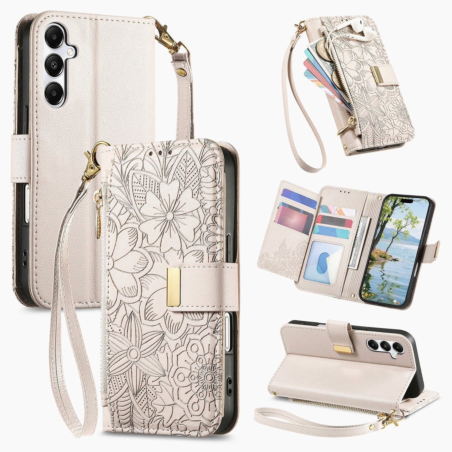Embossed Floral & Leaf Zipper Wallet Phone Case for Samsung Galaxy S21 FE