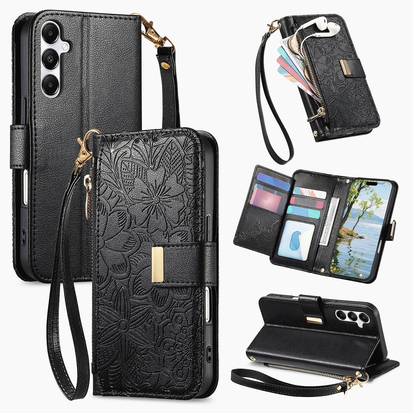 Embossed Floral & Leaf Zipper Wallet Phone Case for Samsung Galaxy S22+
