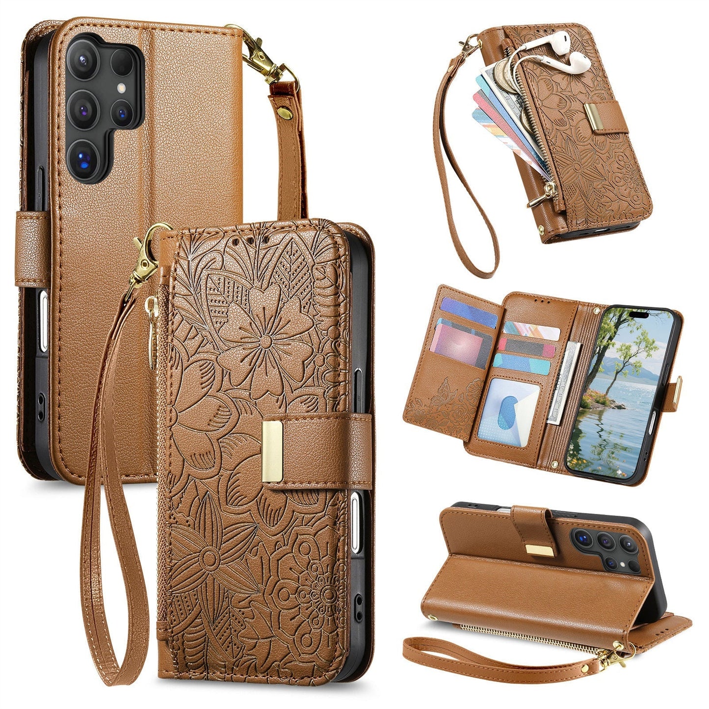 Embossed Floral & Leaf Zipper Wallet Phone Case for Samsung Galaxy S23 Ultra