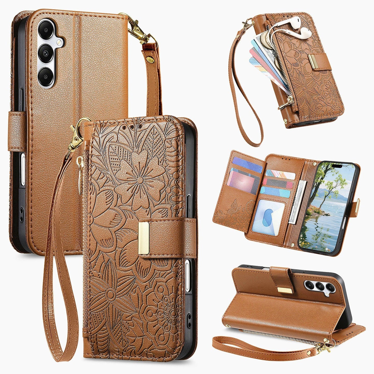 Embossed Floral & Leaf Zipper Wallet Phone Case for Samsung Galaxy S23