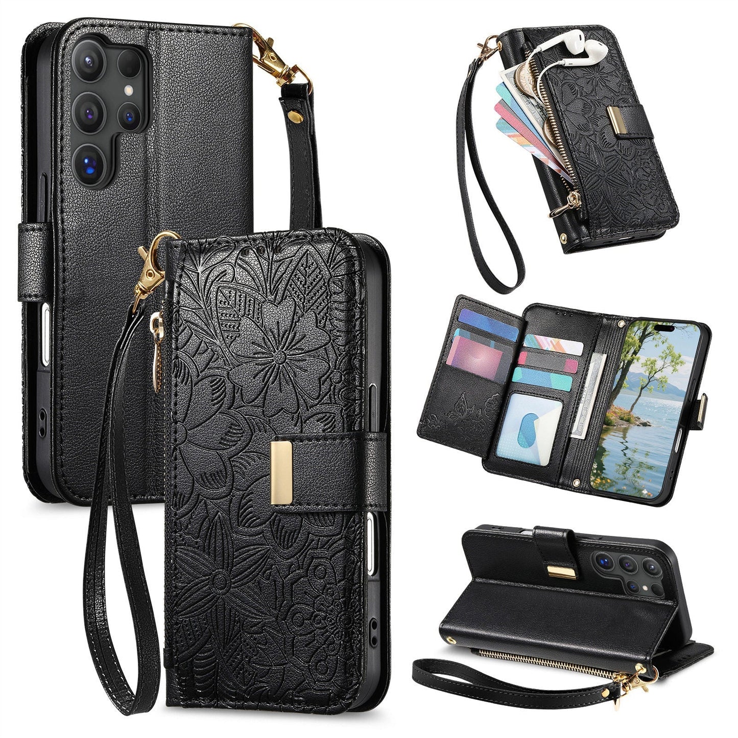 Embossed Floral & Leaf Zipper Wallet Phone Case for Samsung Galaxy S24 Ultra