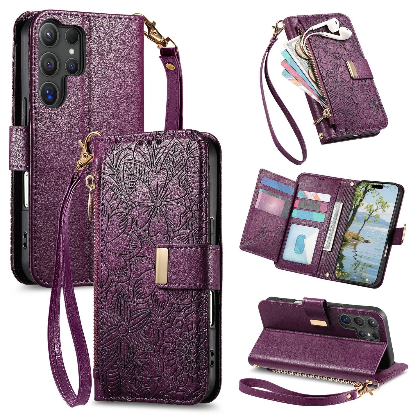 Embossed Floral & Leaf Zipper Wallet Phone Case for Samsung Galaxy S25 Ultra