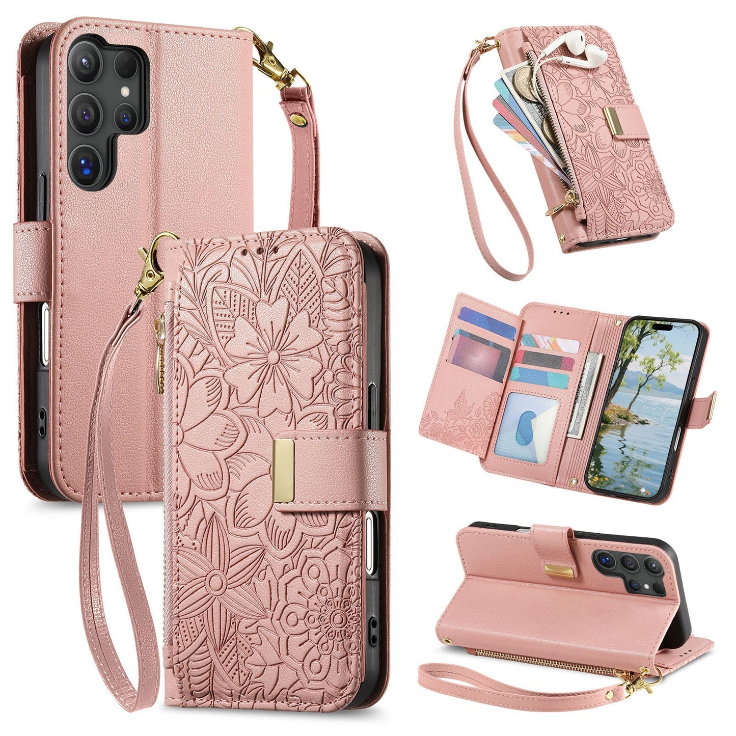 Embossed Floral & Leaf Zipper Wallet Phone Case for Samsung Galaxy S25 Ultra