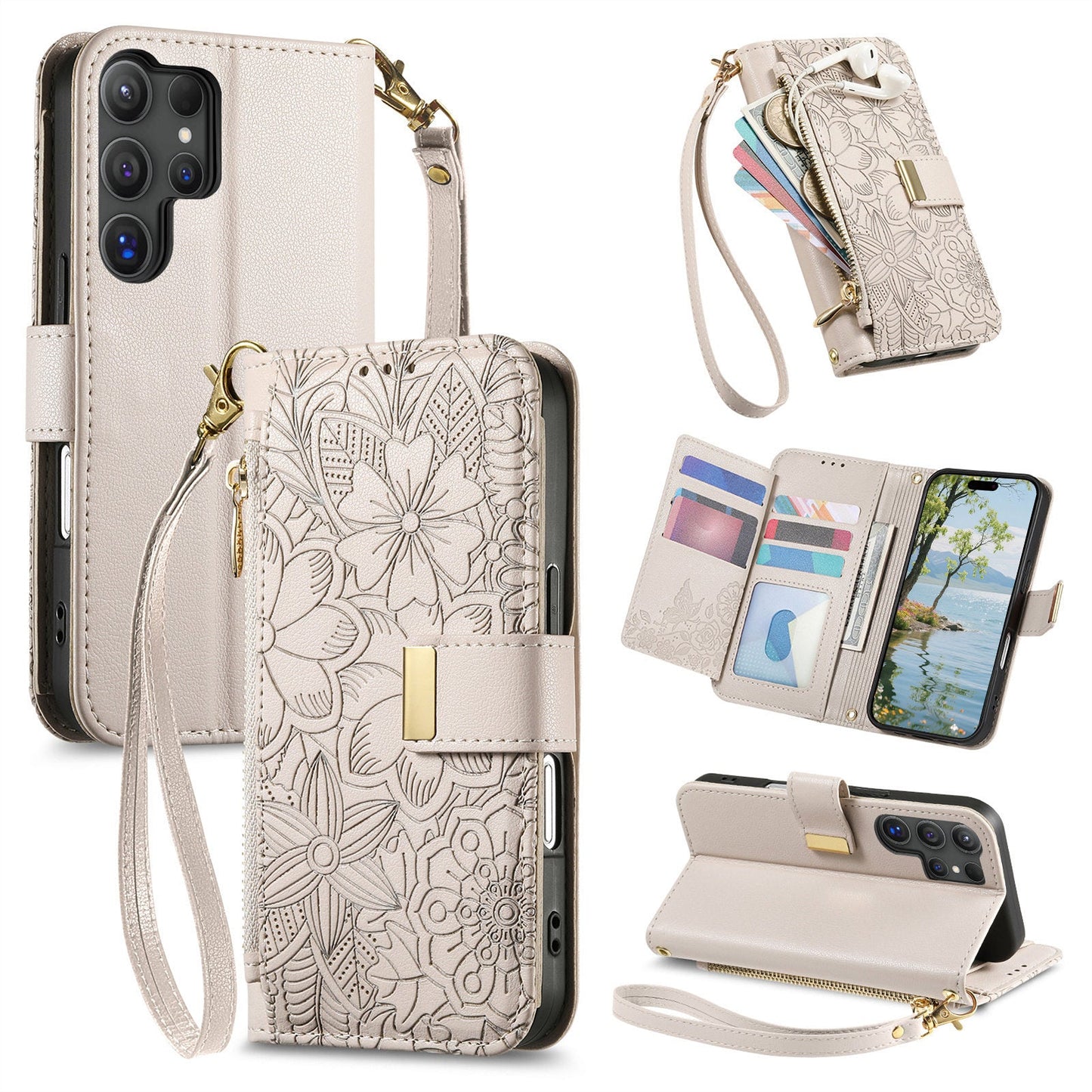 Embossed Floral & Leaf Zipper Wallet Phone Case for Samsung Galaxy S22 Ultra