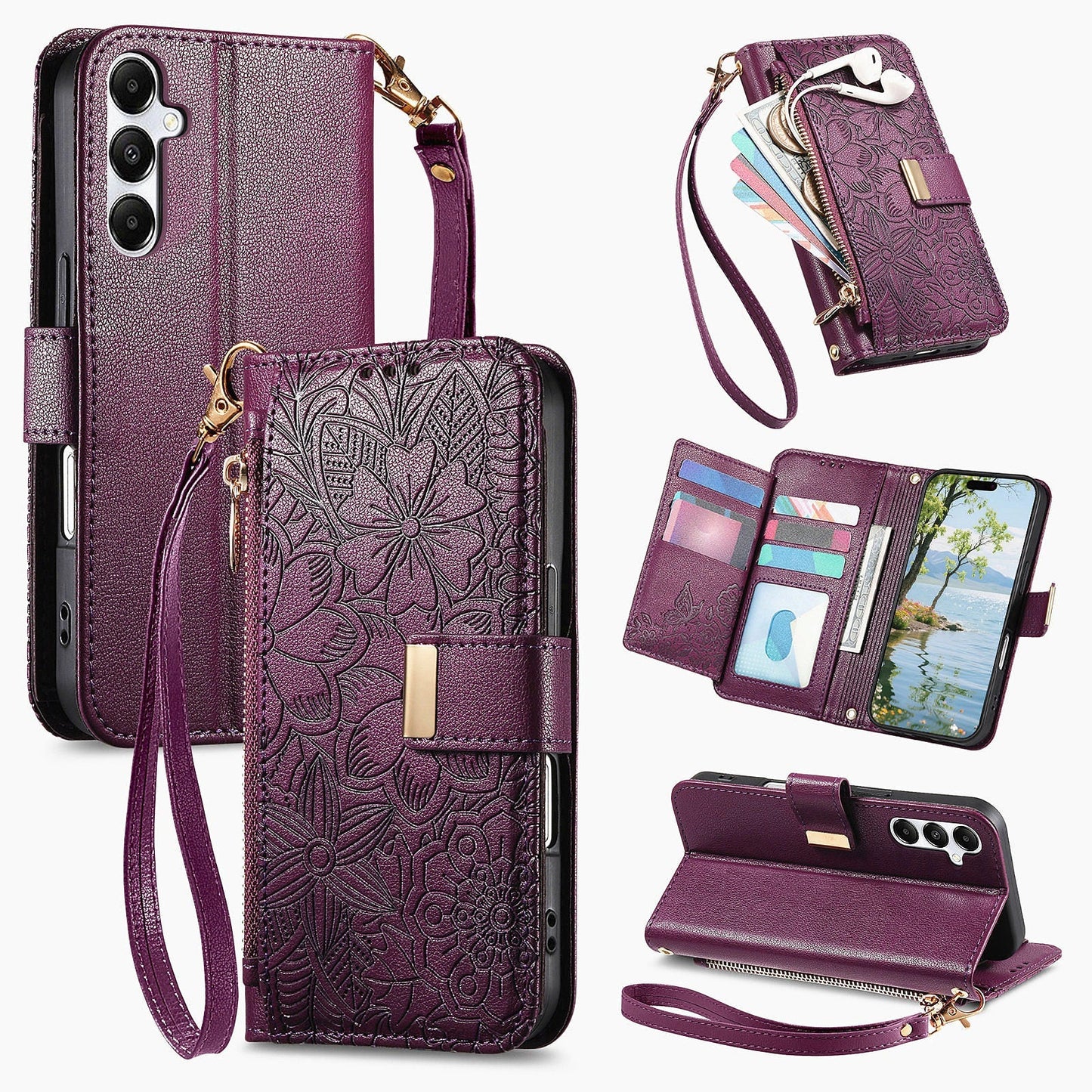 Embossed Floral & Leaf Zipper Wallet Phone Case for Samsung Galaxy S24 FE