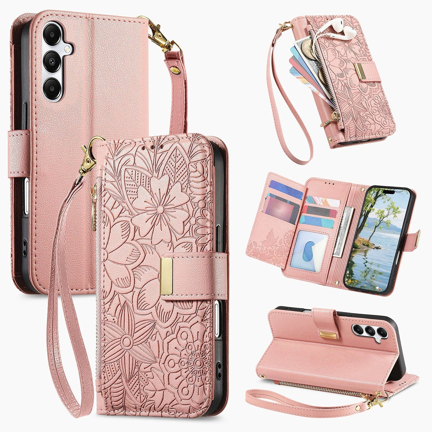 Embossed Floral & Leaf Zipper Wallet Phone Case for Samsung Galaxy S25