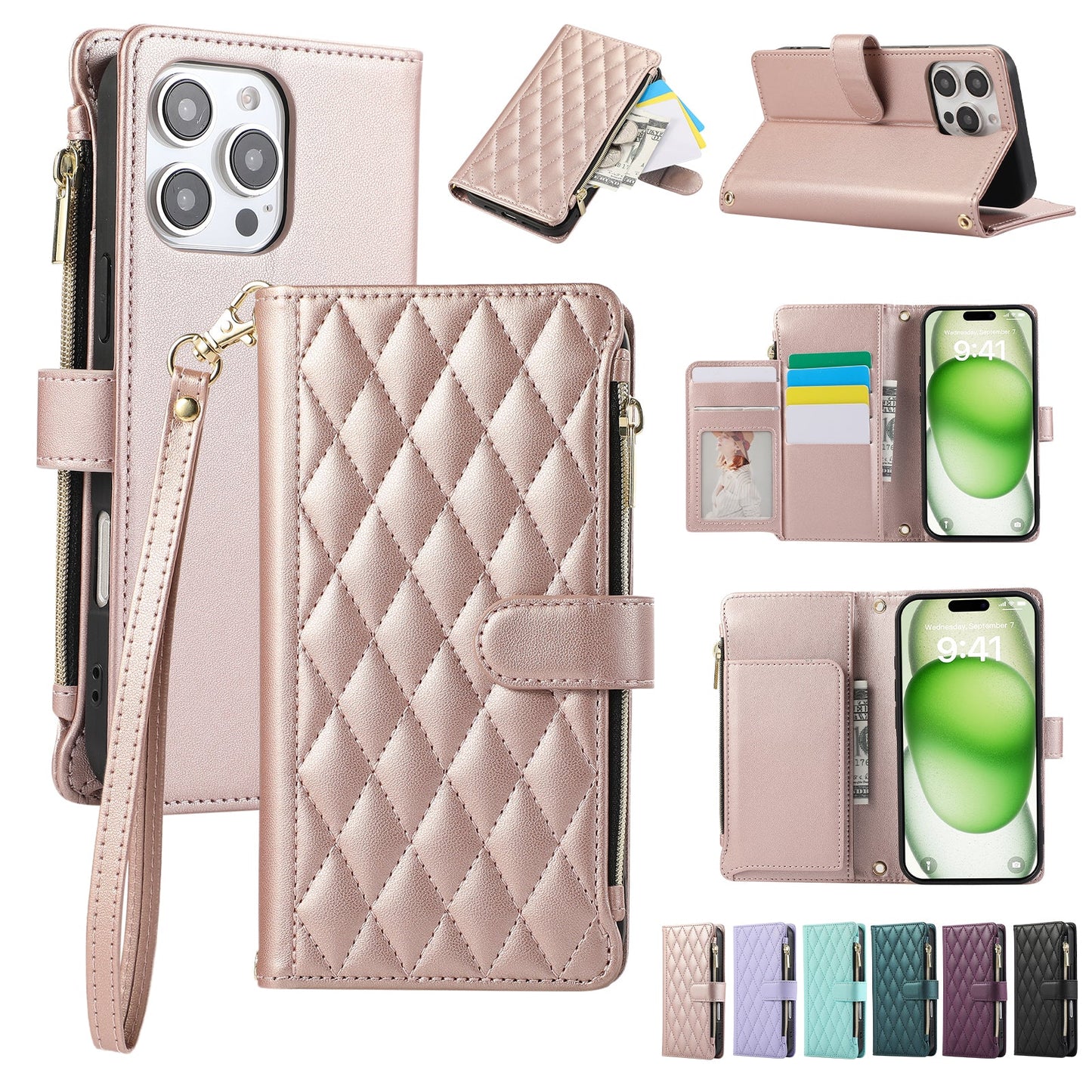 Senior-Friendly Elegant Quilted Wallet Phone Case for iPhone 12 Pro