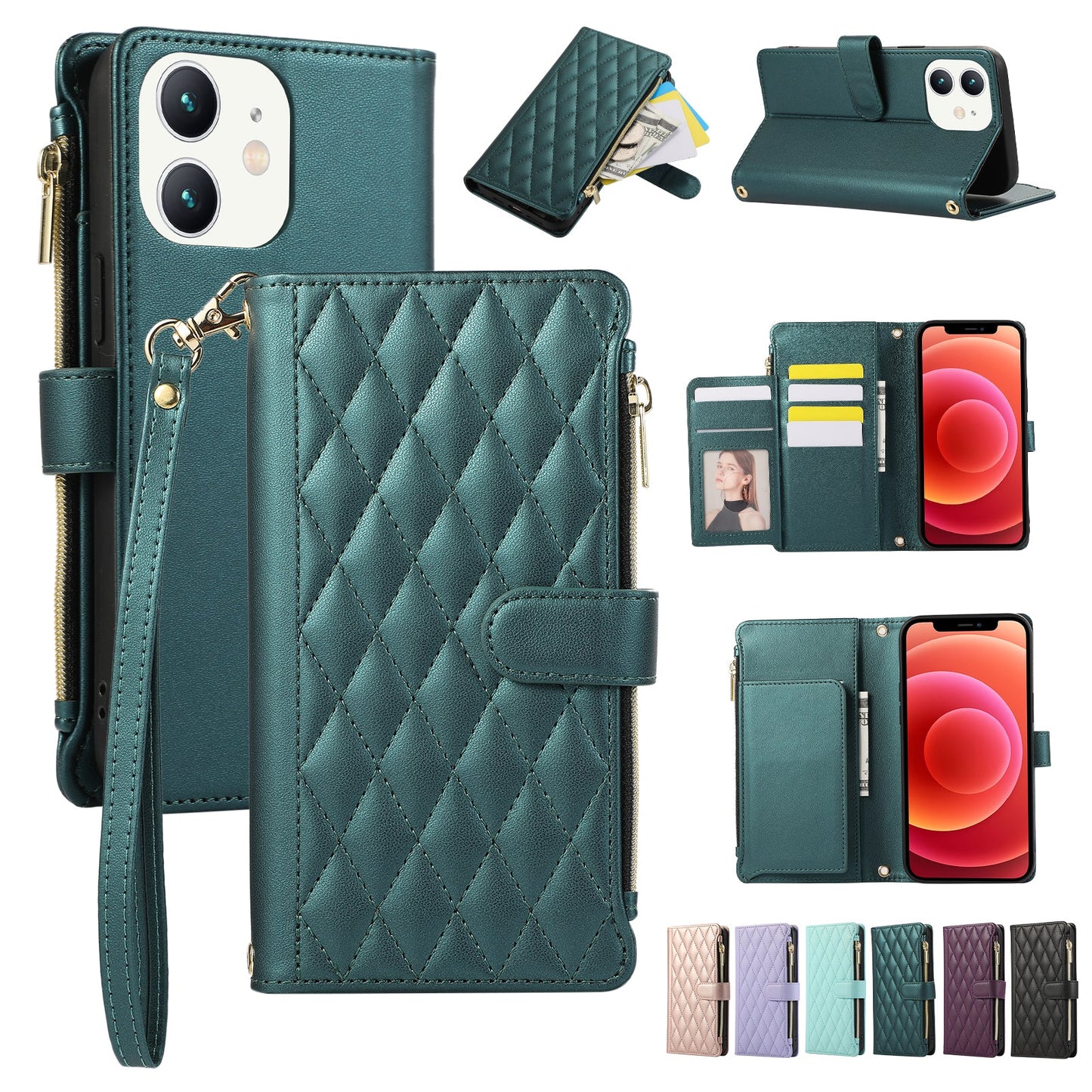 Senior-Friendly Elegant Quilted Wallet Phone Case for iPhone 12