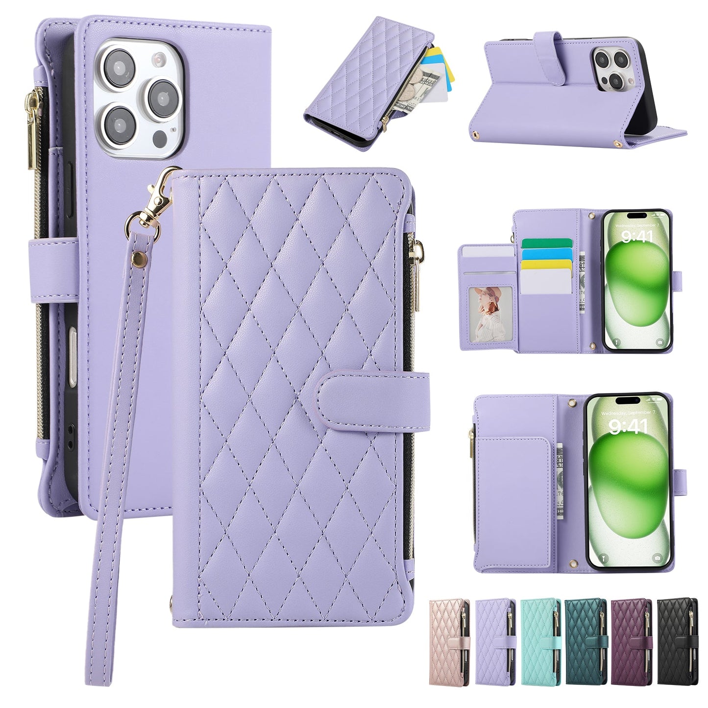 Senior-Friendly Elegant Quilted Wallet Phone Case for iPhone 13 Pro Max