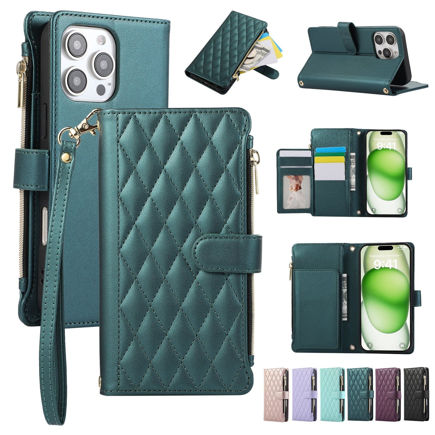 Senior-Friendly Elegant Quilted Wallet Phone Case for iPhone 15 Pro Max