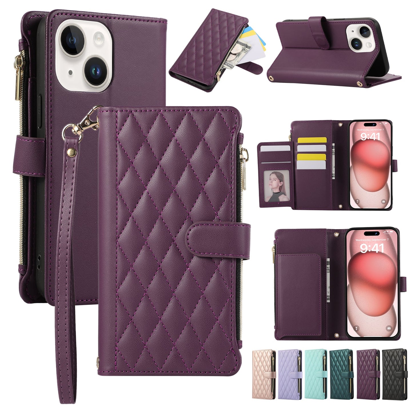 Senior-Friendly Elegant Quilted Wallet Phone Case for iPhone 14 Plus