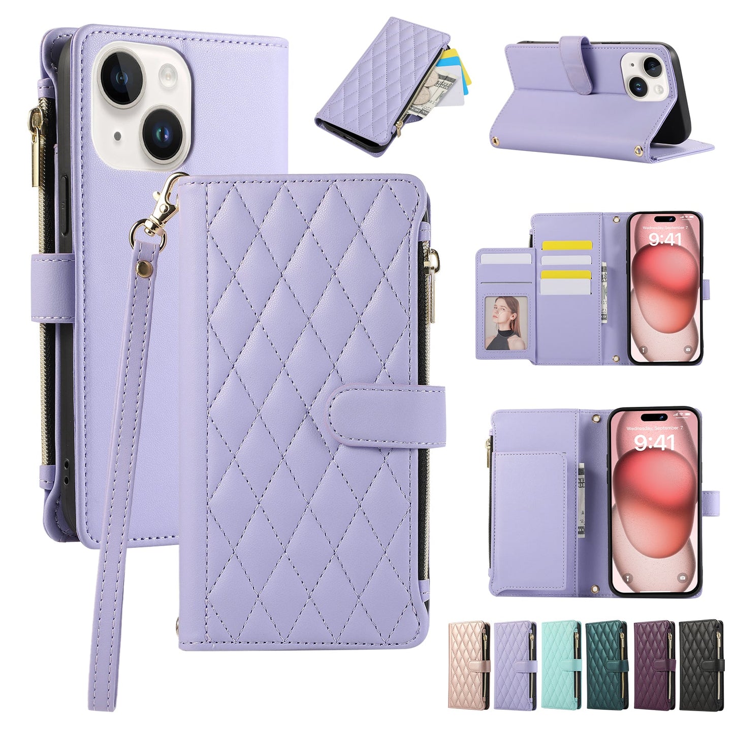 Senior-Friendly Elegant Quilted Wallet Phone Case for iPhone 14 Plus