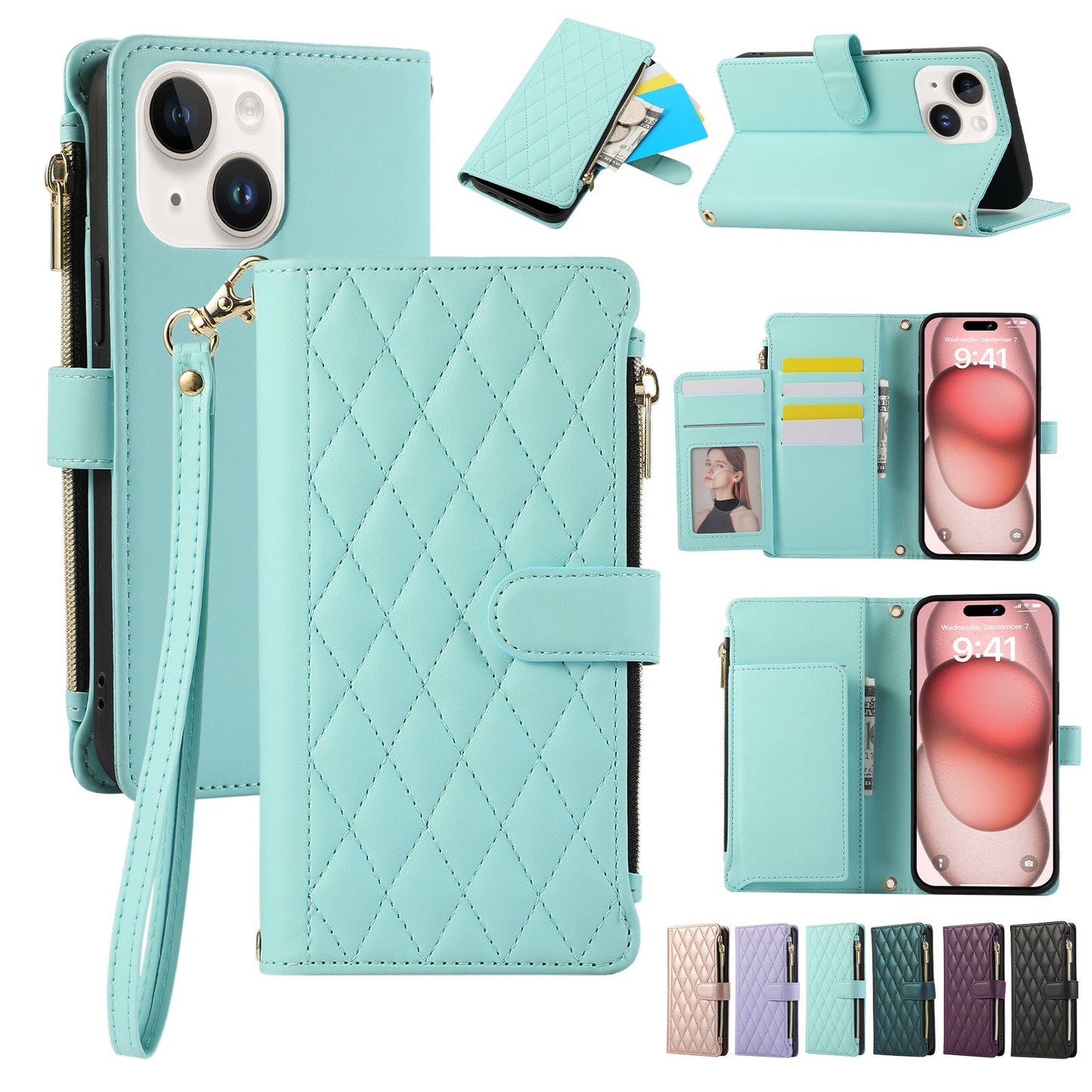 Senior-Friendly Elegant Quilted Wallet Phone Case for iPhone 15