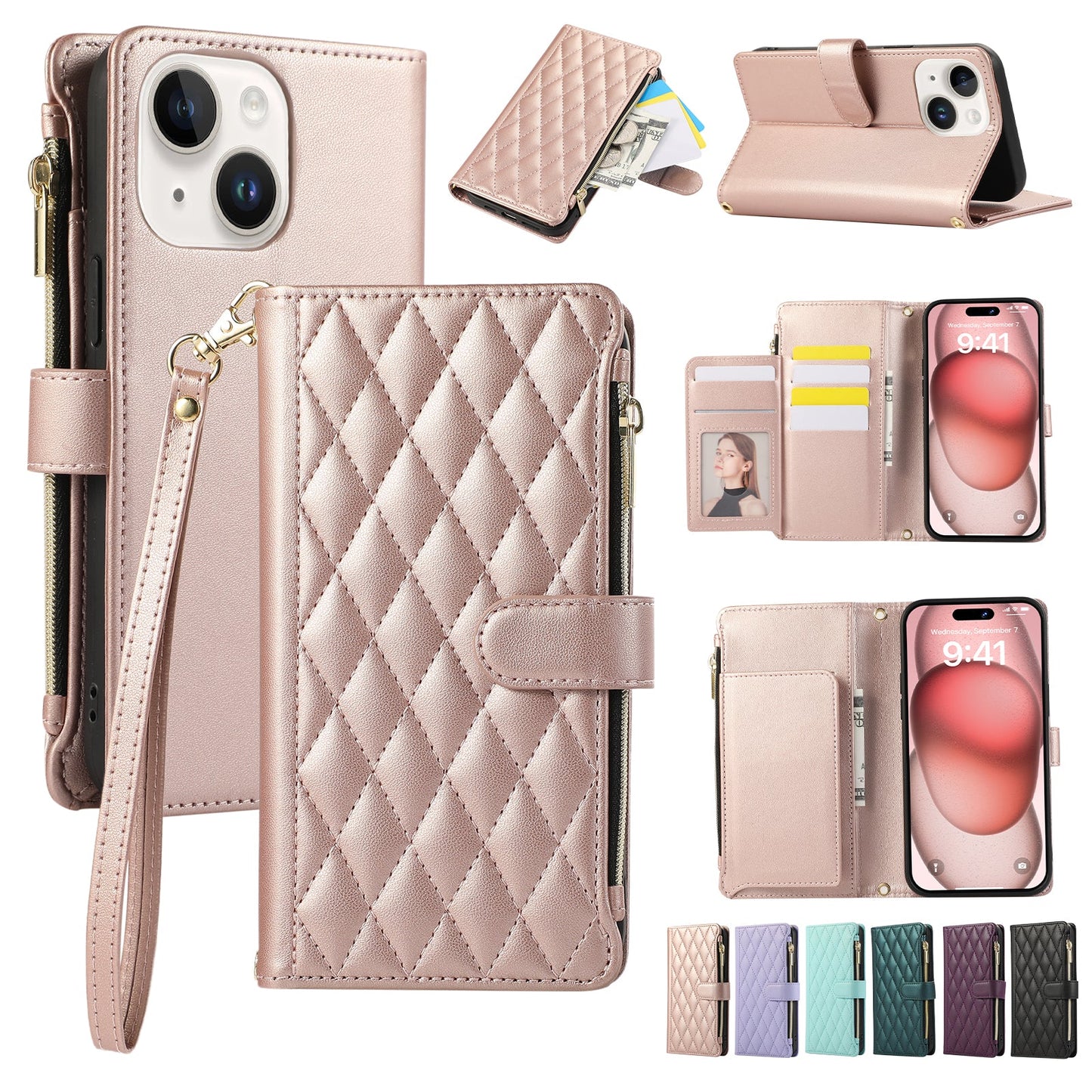 Senior-Friendly Elegant Quilted Wallet Phone Case for iPhone 15