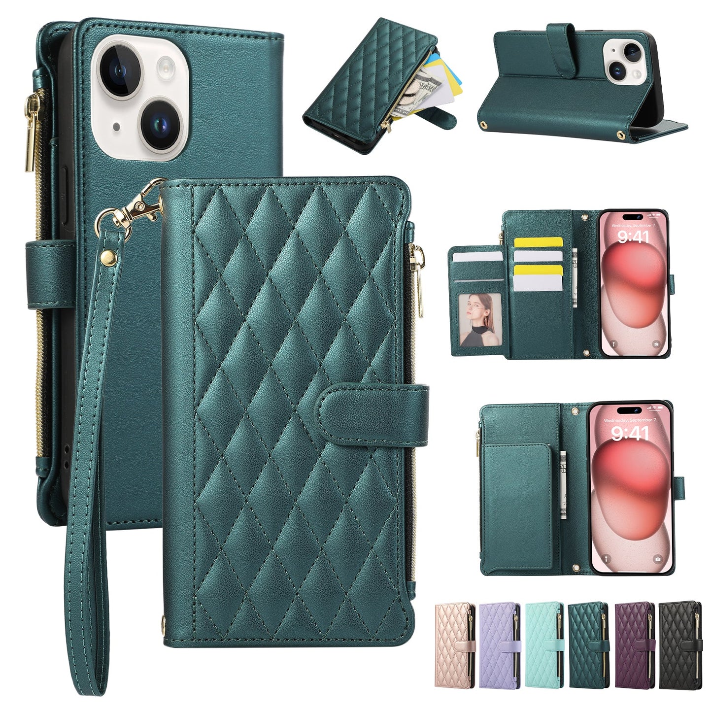 Senior-Friendly Elegant Quilted Wallet Phone Case for iPhone 15