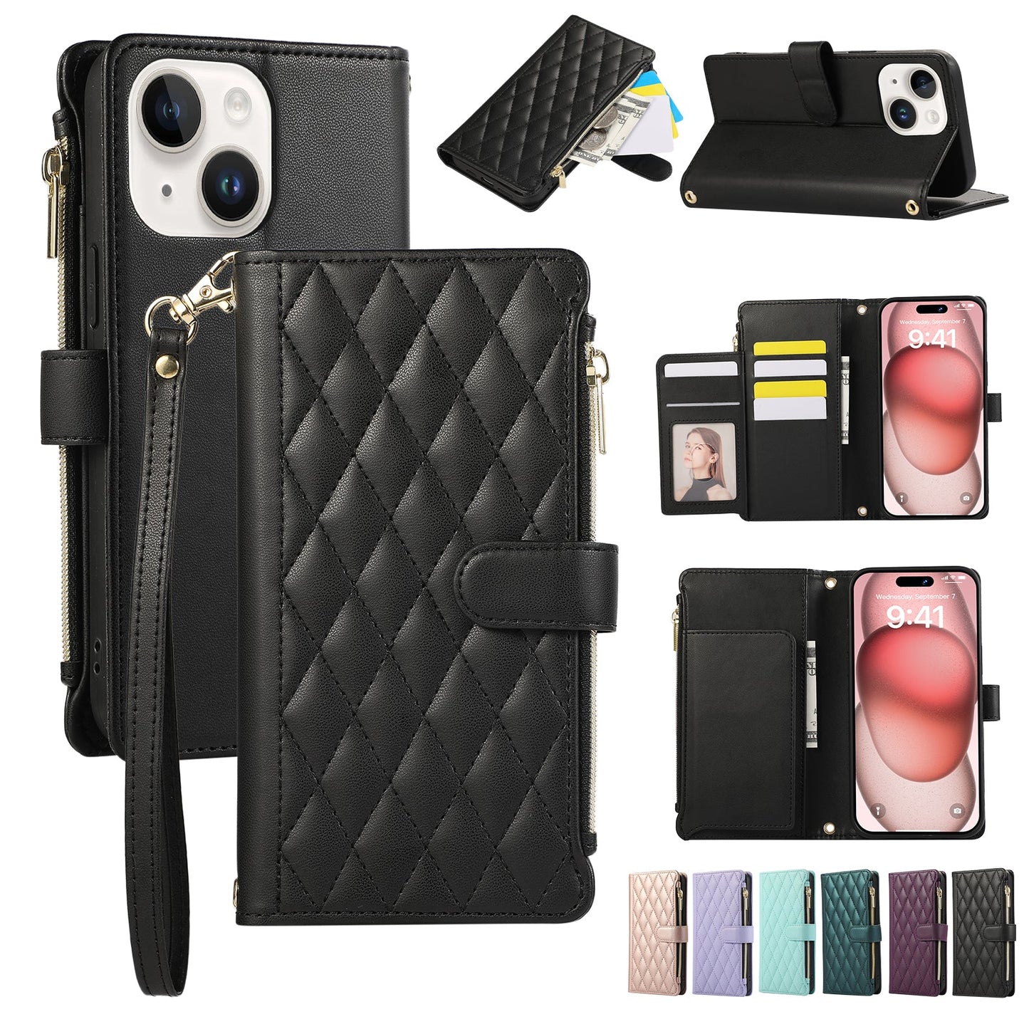 Senior-Friendly Elegant Quilted Wallet Phone Case for iPhone 15 Plus
