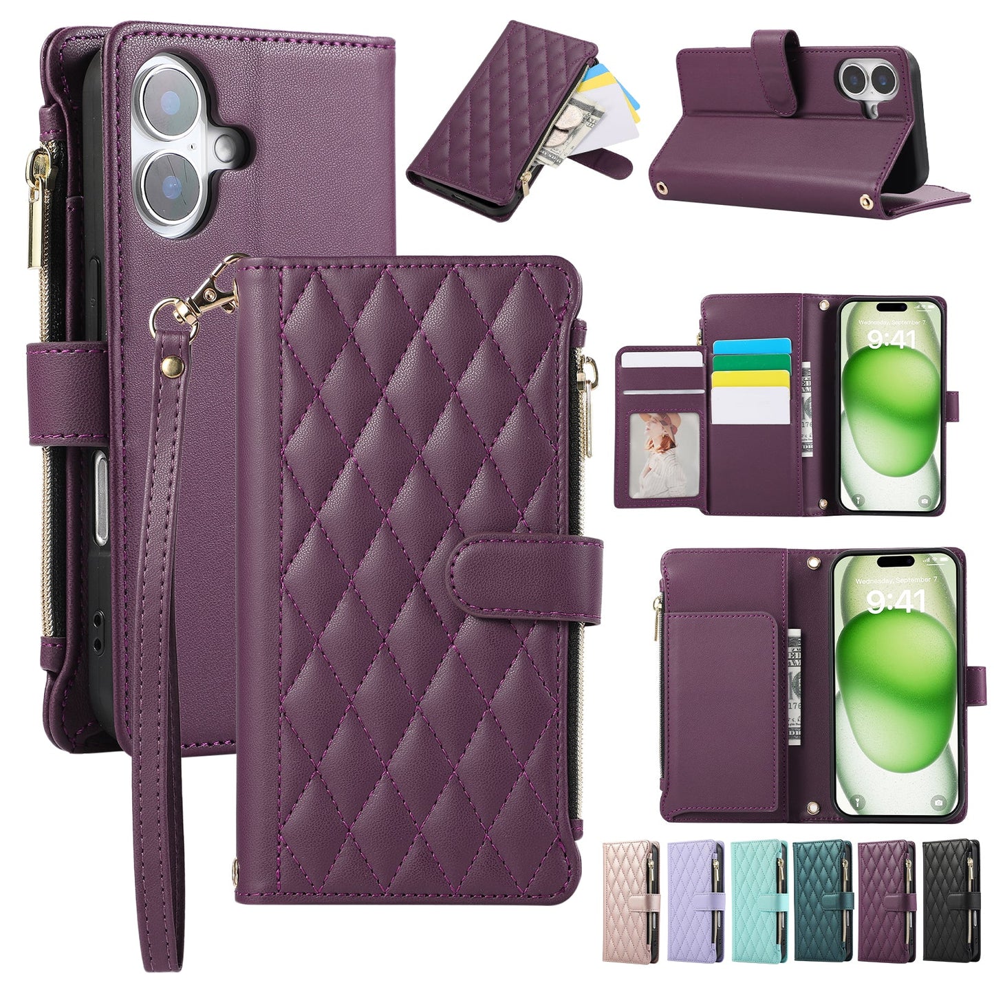 Senior-Friendly Elegant Quilted Wallet Phone Case for iPhone 16e