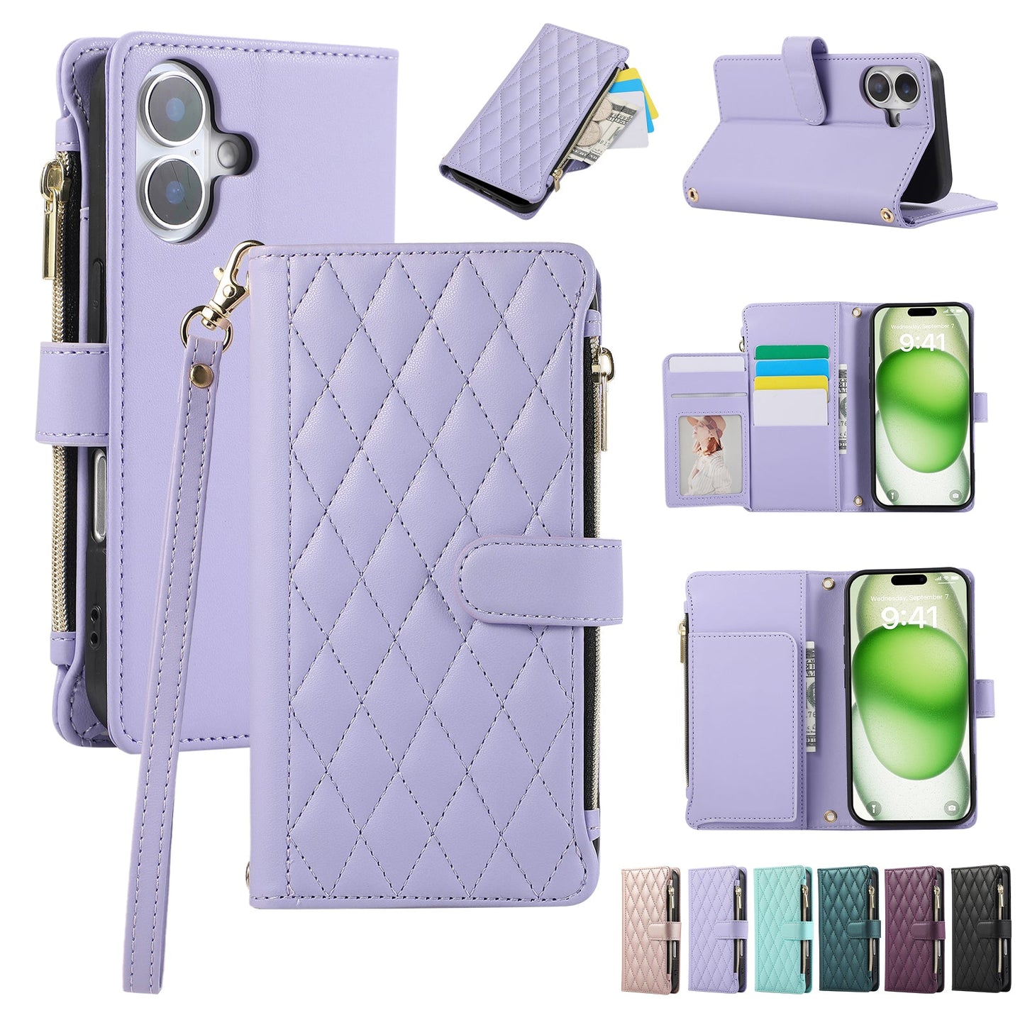 Senior-Friendly Elegant Quilted Wallet Phone Case for iPhone 16e