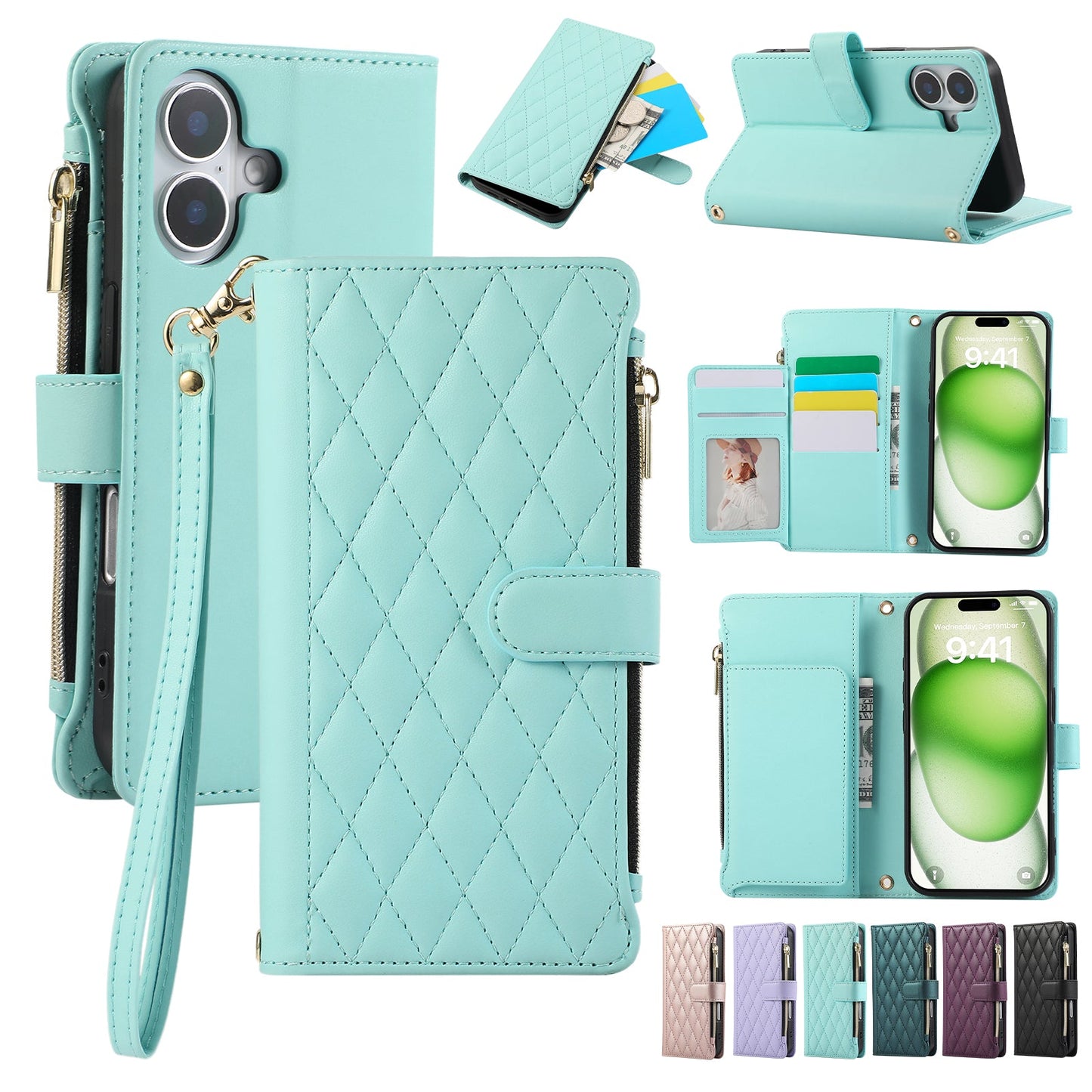 Senior-Friendly Elegant Quilted Wallet Phone Case for iPhone 16e
