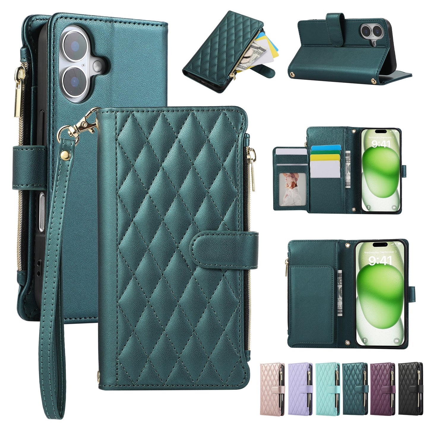 Senior-Friendly Elegant Quilted Wallet Phone Case for iPhone 16e