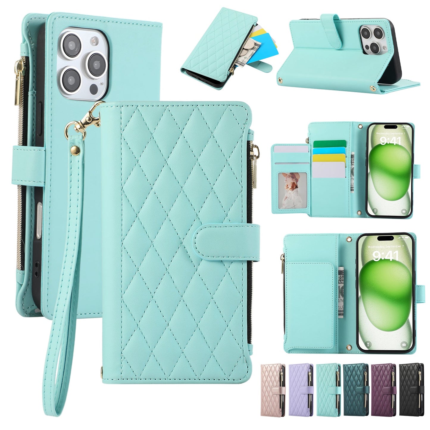 Senior-Friendly Elegant Quilted Wallet Phone Case for iPhone 16 Pro