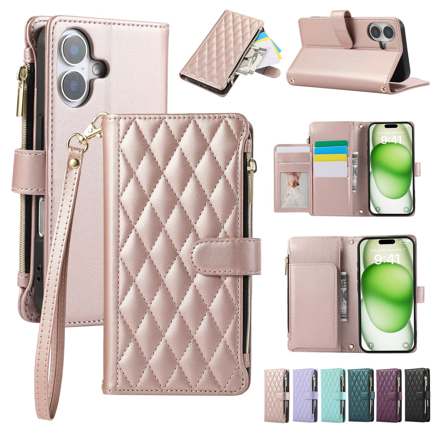 Senior-Friendly Elegant Quilted Wallet Phone Case for iPhone 17