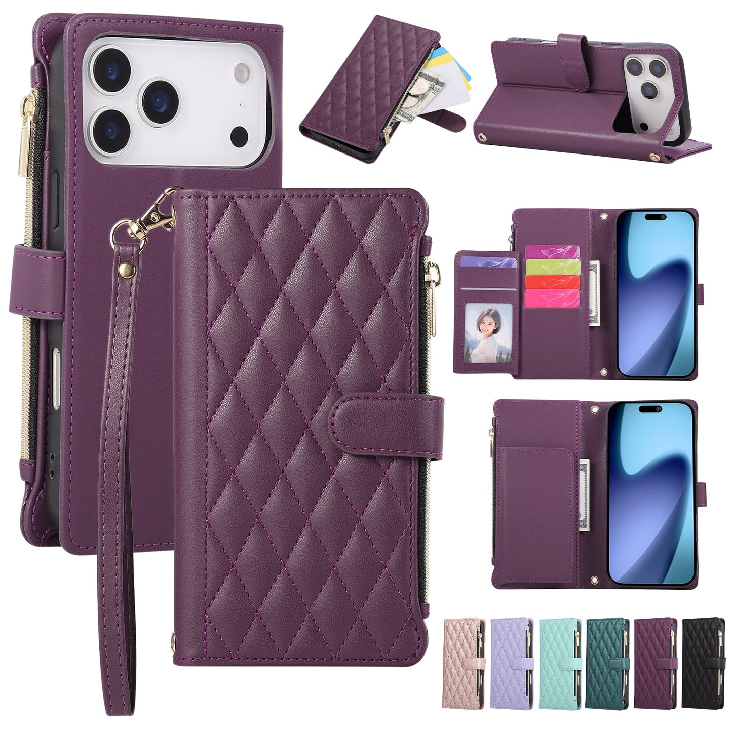 Senior-Friendly Elegant Quilted Wallet Phone Case for iPhone 17 Pro