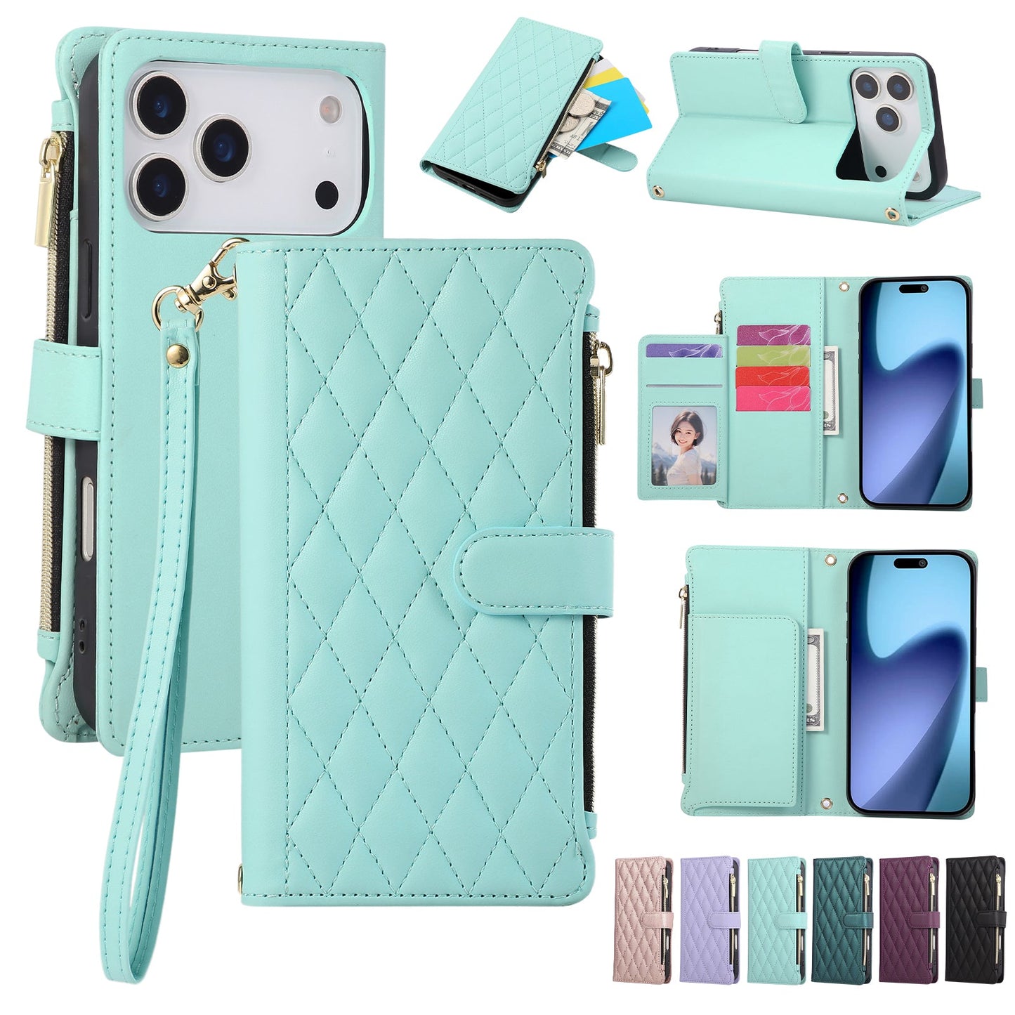 Senior-Friendly Elegant Quilted Wallet Phone Case for iPhone 17 Pro