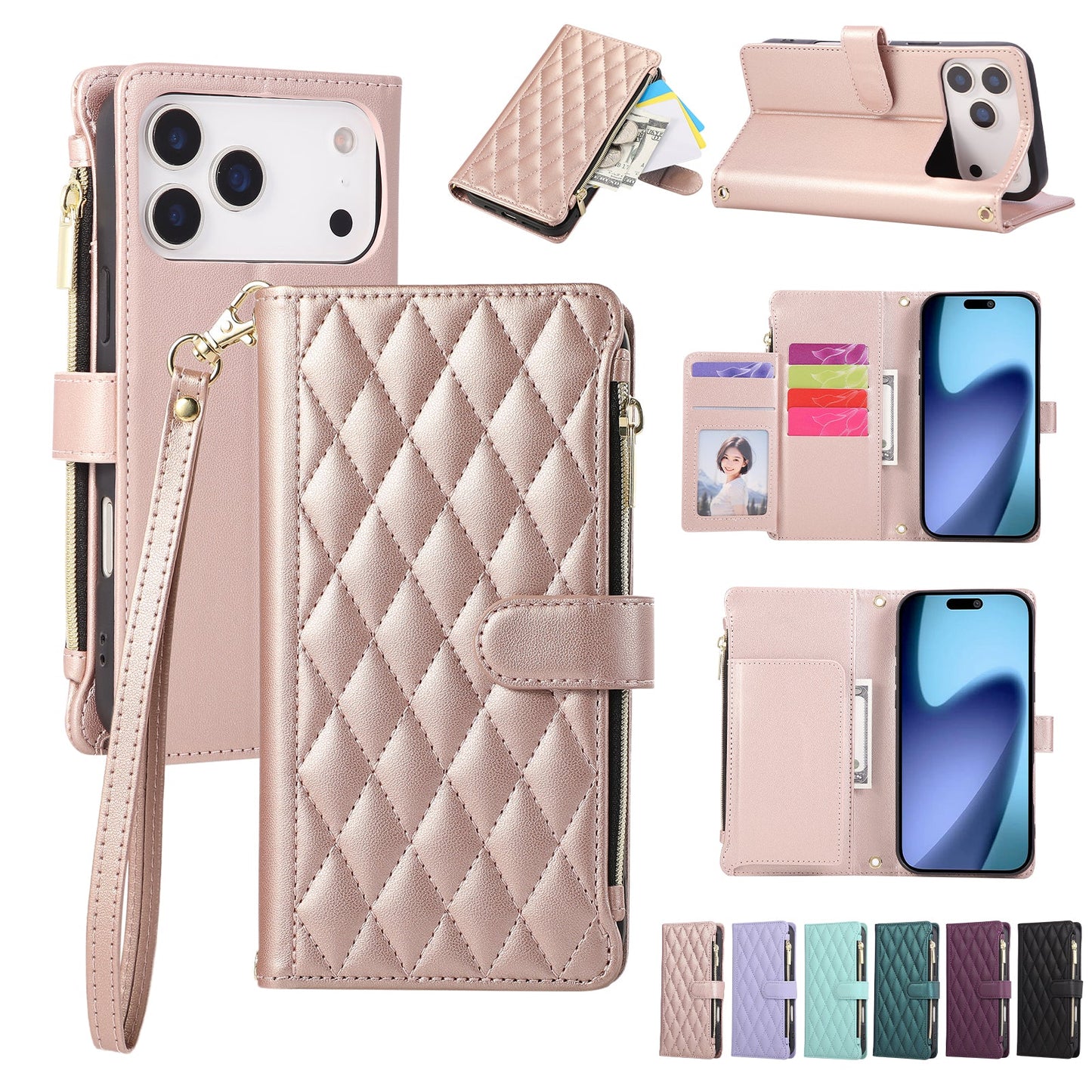 Senior-Friendly Elegant Quilted Wallet Phone Case for iPhone 17 Pro Max