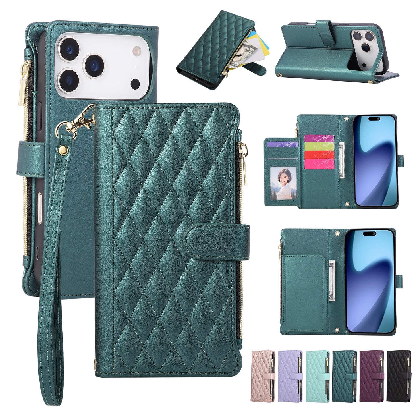 Senior-Friendly Elegant Quilted Wallet Phone Case for iPhone 17 Pro