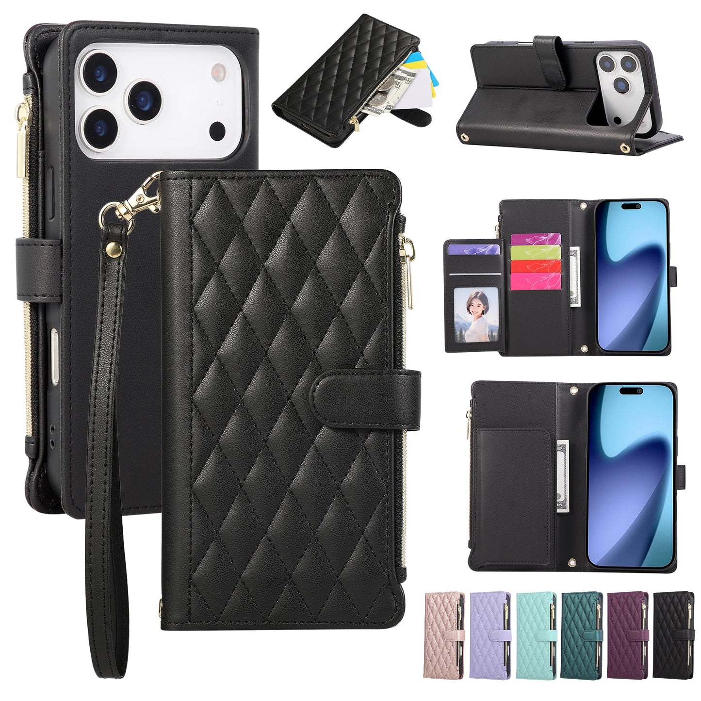 Senior-Friendly Elegant Quilted Wallet Phone Case for iPhone 17 Pro