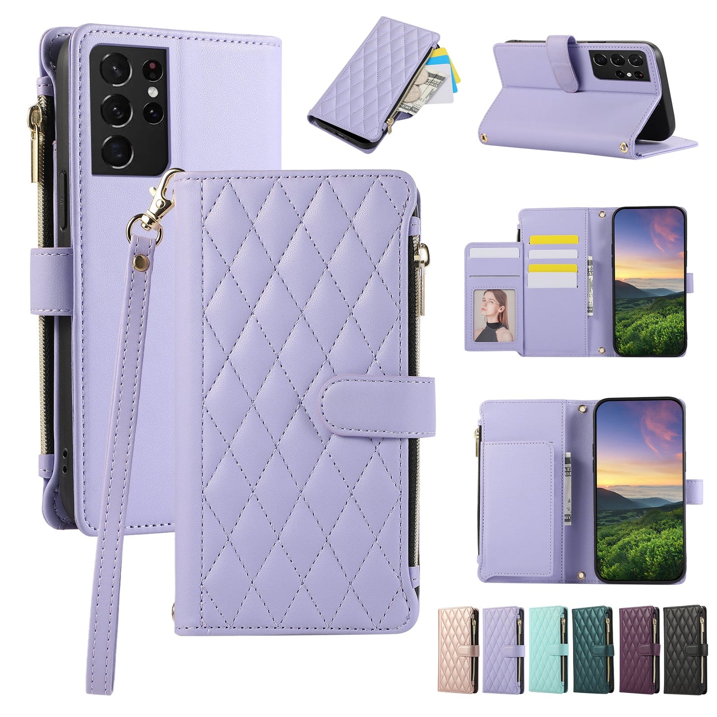 Senior-Friendly Elegant Quilted Wallet Phone Case for Samsung Galaxy S21 Ultra