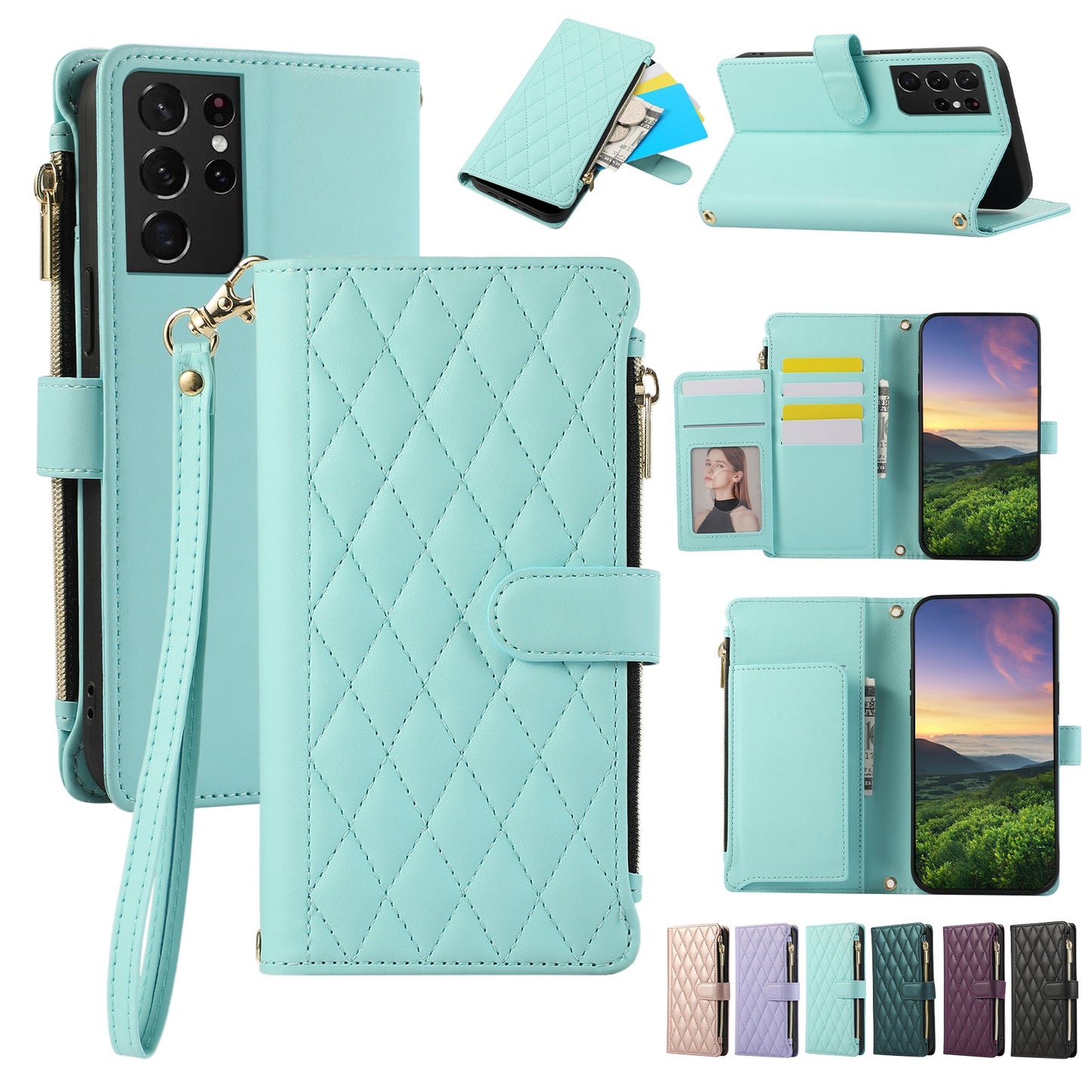 Senior-Friendly Elegant Quilted Wallet Phone Case for Samsung Galaxy S21 Ultra