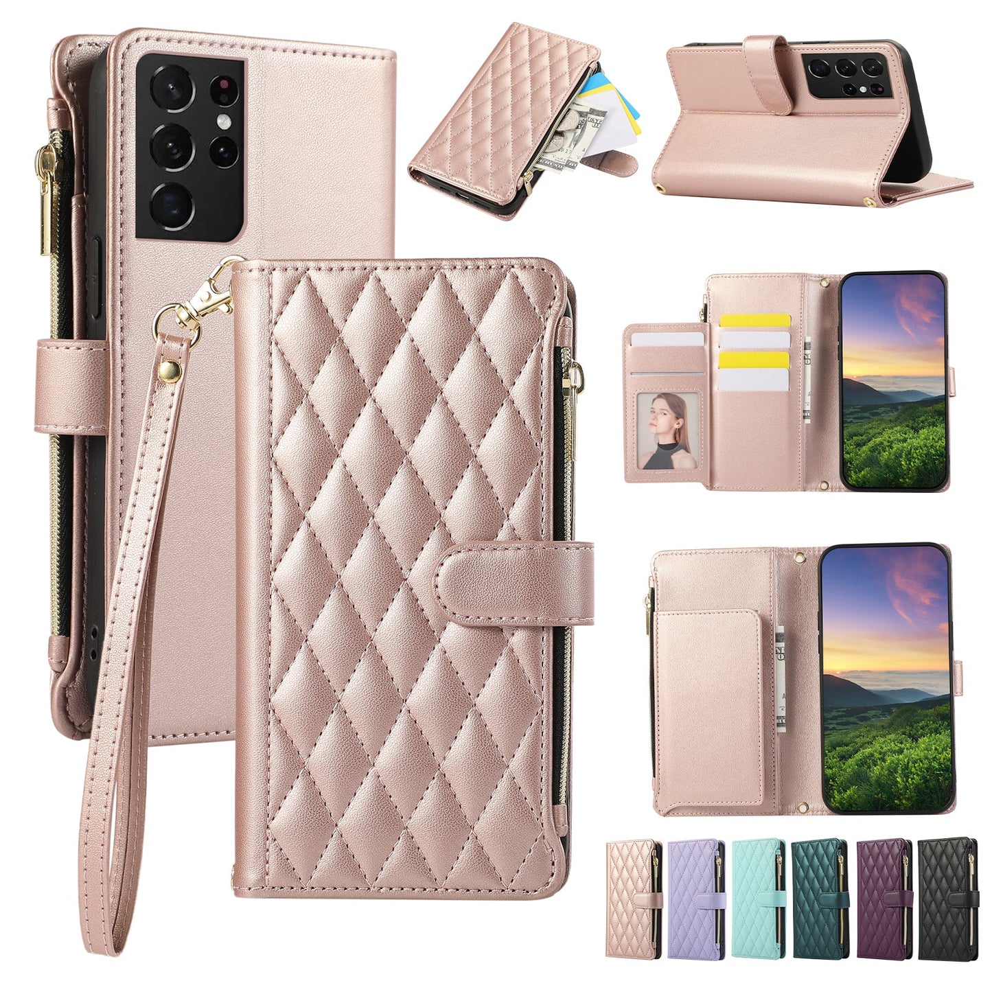Senior-Friendly Elegant Quilted Wallet Phone Case for Samsung Galaxy S21 Ultra