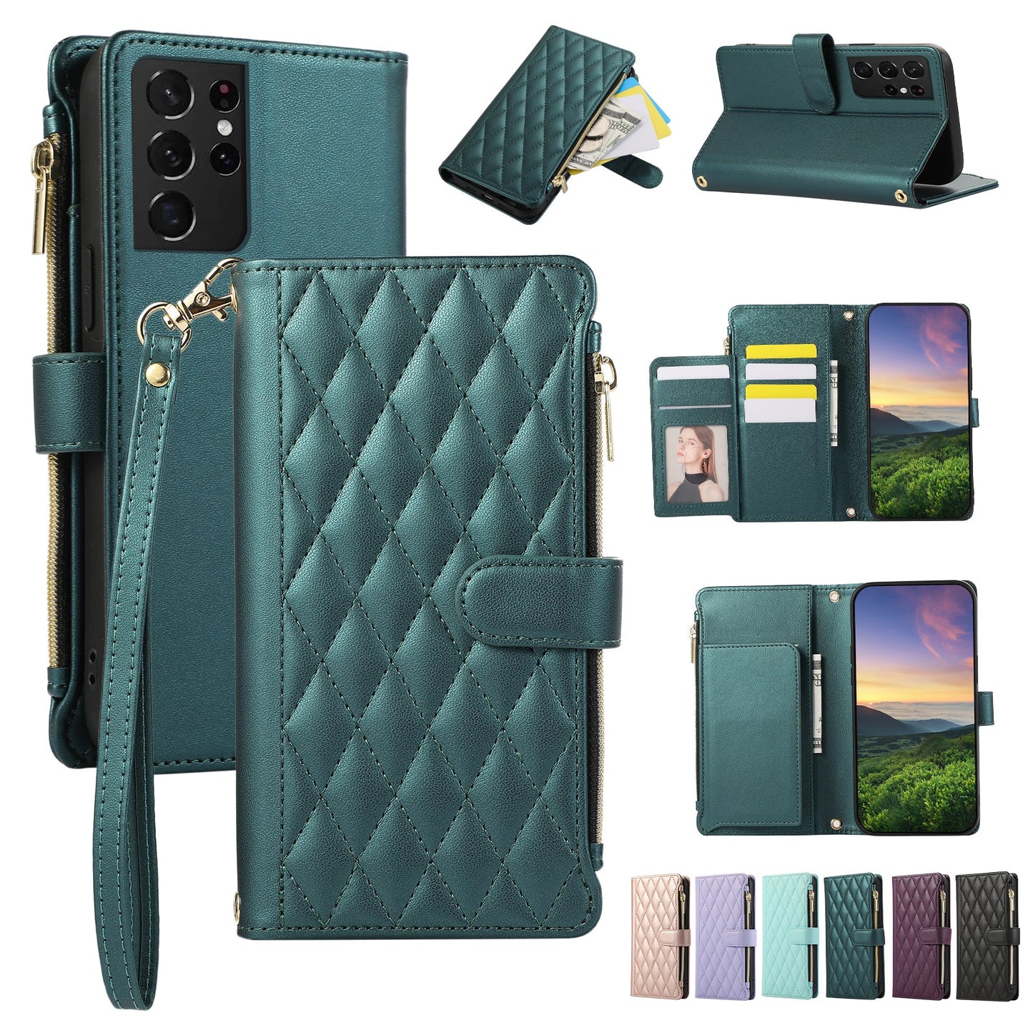 Senior-Friendly Elegant Quilted Wallet Phone Case for Samsung Galaxy S21 Ultra