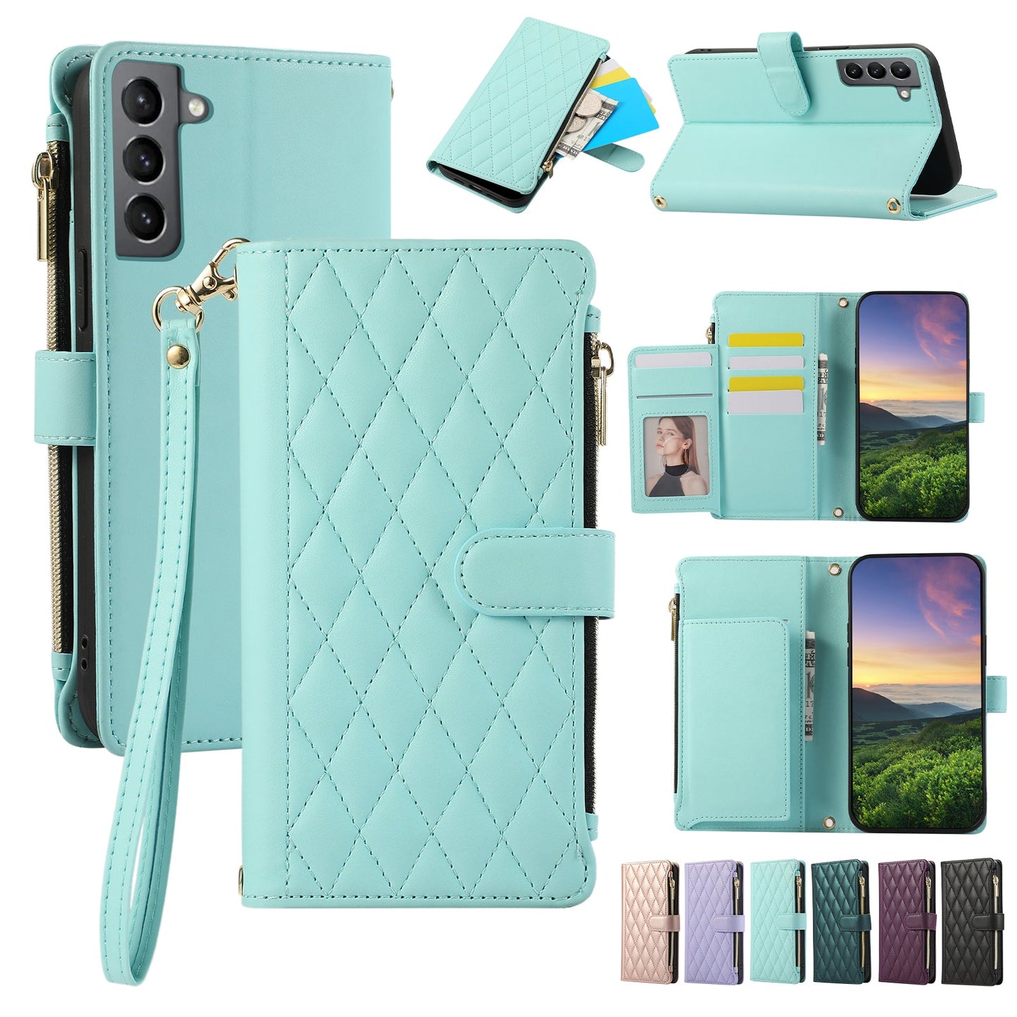 Senior-Friendly Elegant Quilted Wallet Phone Case for Samsung Galaxy S21