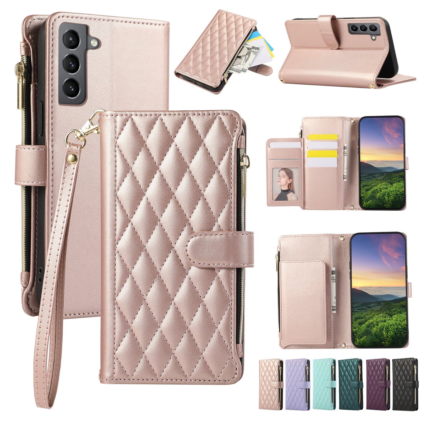 Senior-Friendly Elegant Quilted Wallet Phone Case for Samsung Galaxy S21