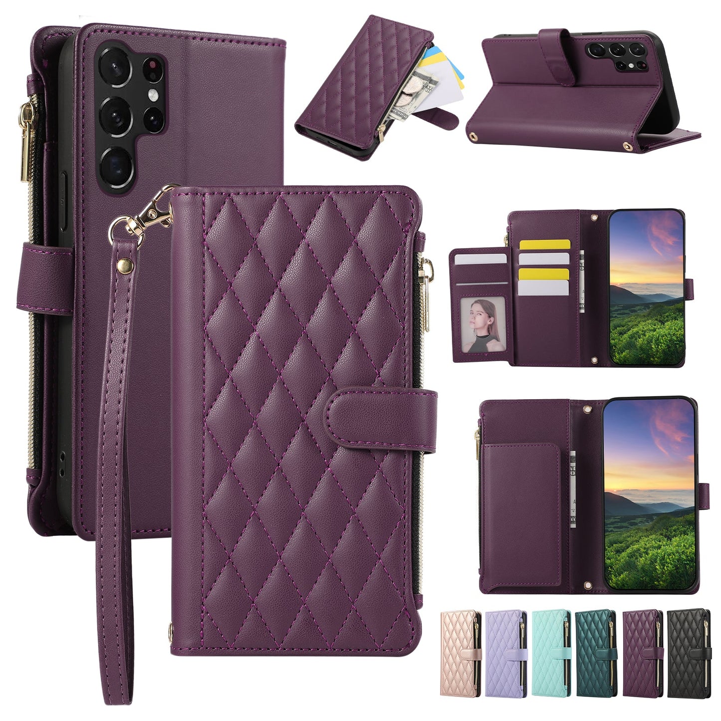 Senior-Friendly Elegant Quilted Wallet Phone Case for Samsung Galaxy S24 Ultra