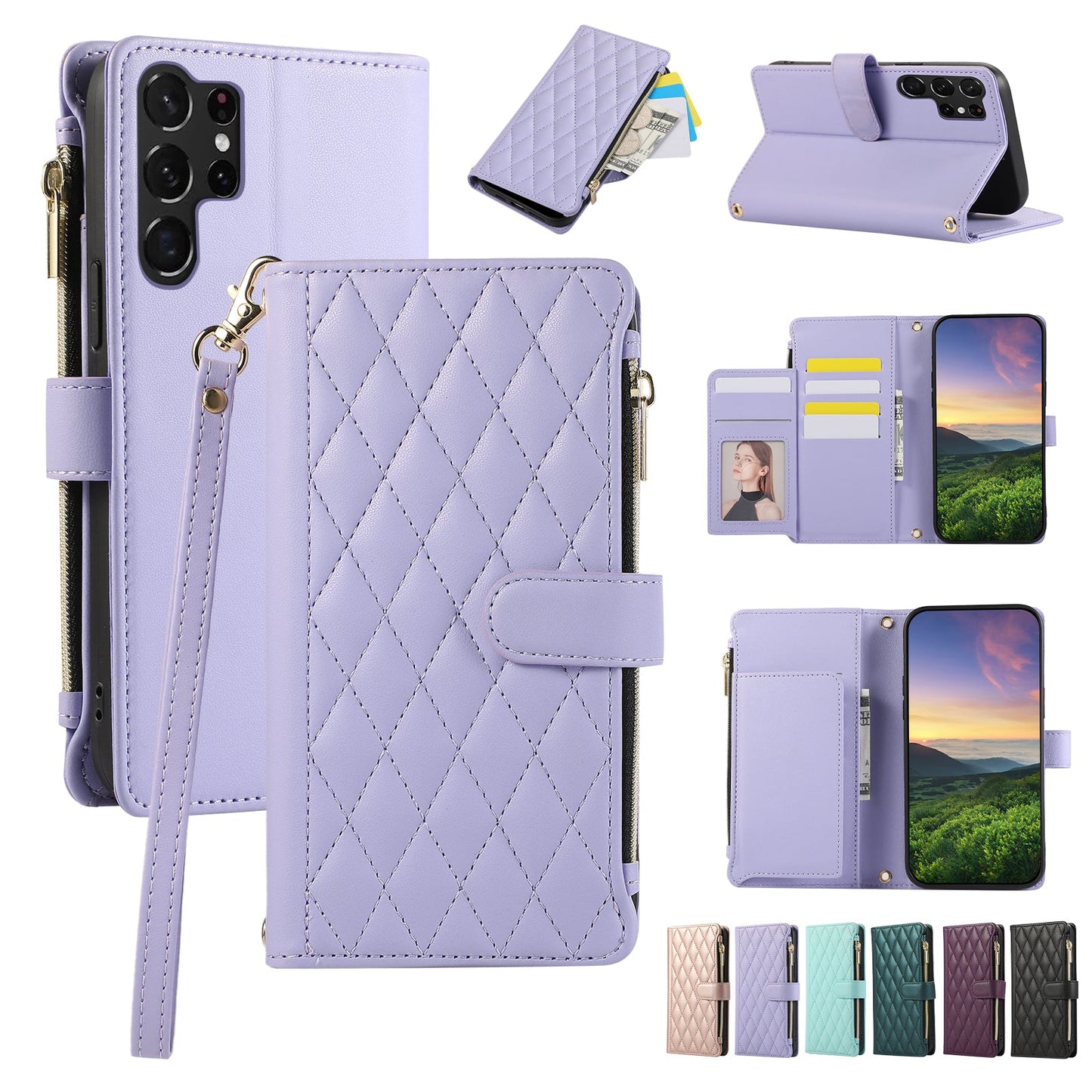 Senior-Friendly Elegant Quilted Wallet Phone Case for Samsung Galaxy S22 Ultra