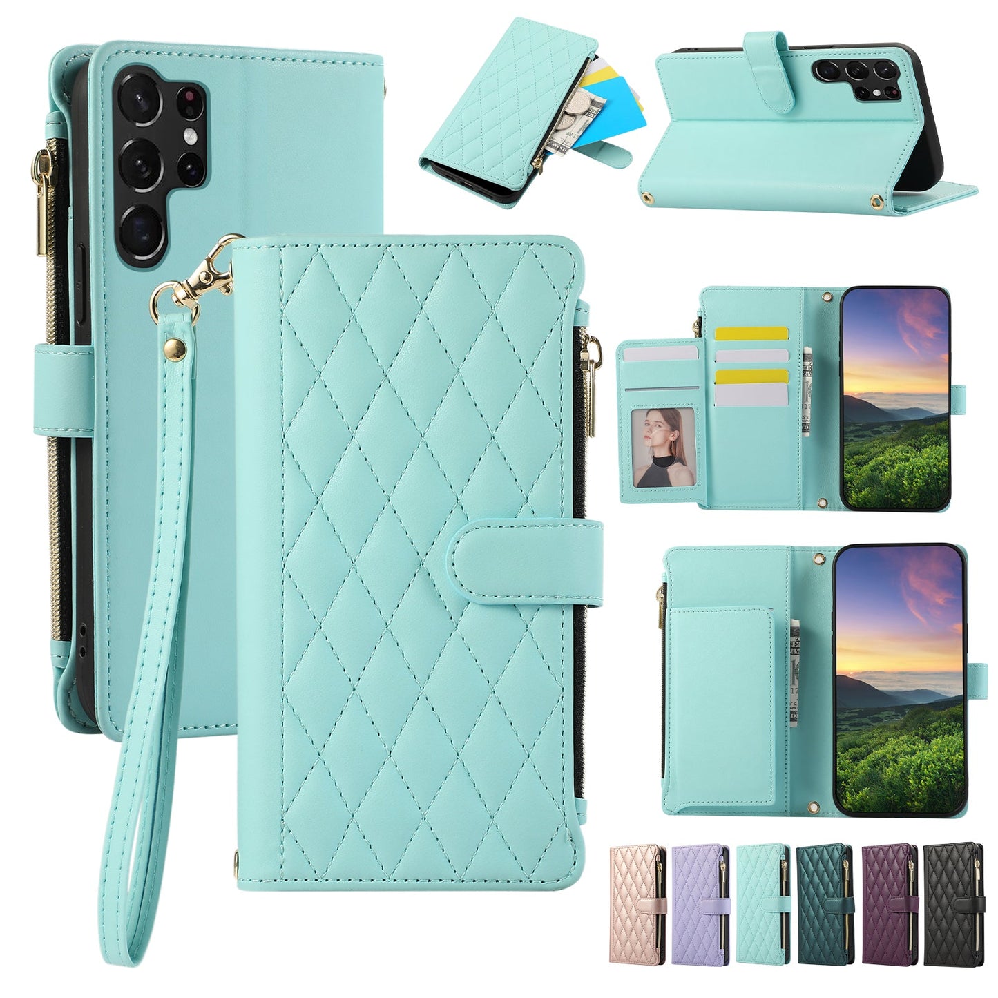Senior-Friendly Elegant Quilted Wallet Phone Case for Samsung Galaxy S22 Ultra