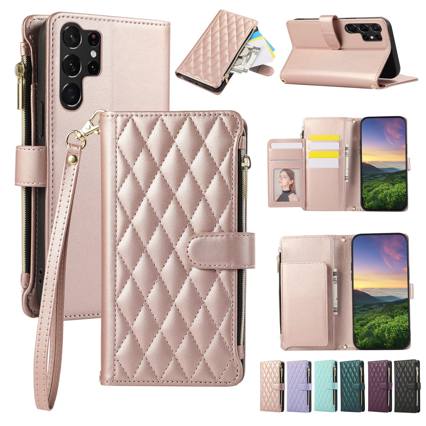 Senior-Friendly Elegant Quilted Wallet Phone Case for Samsung Galaxy S24 Ultra