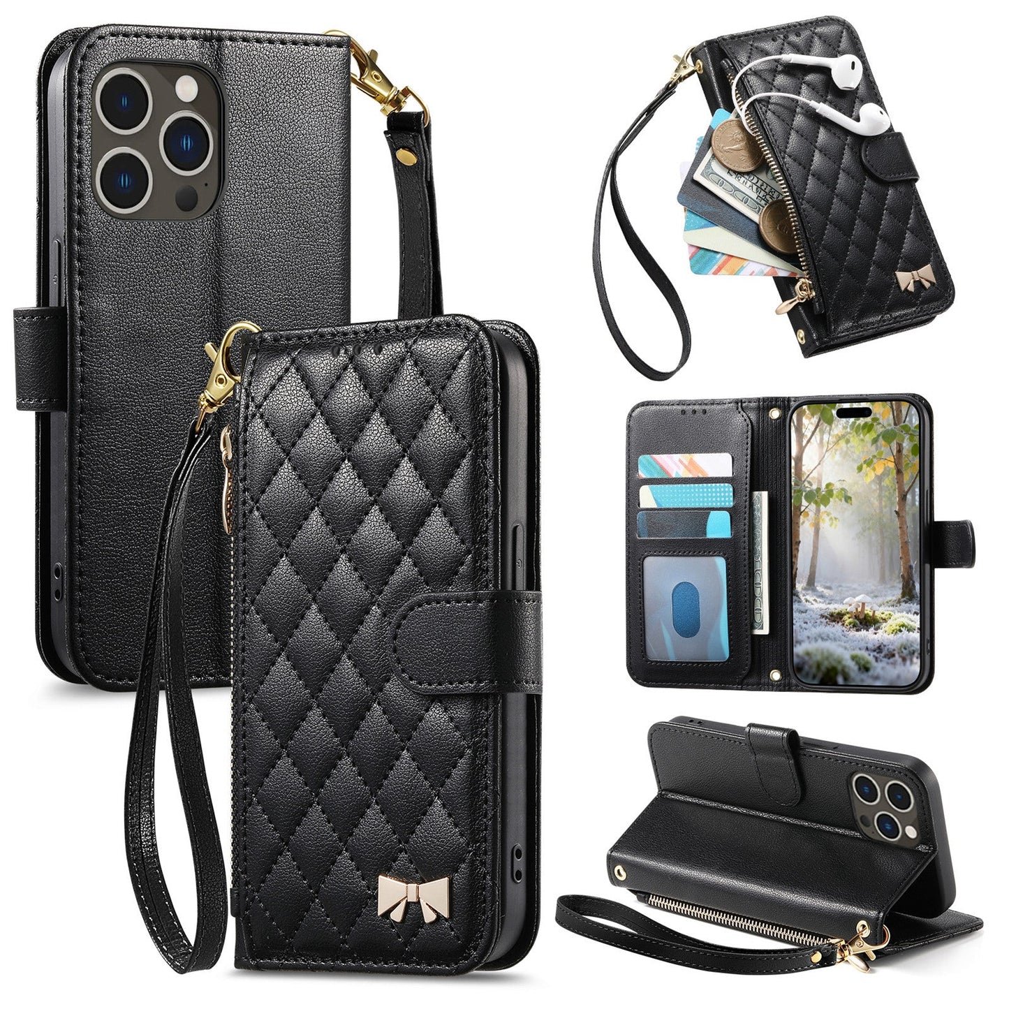 Elegant Diamond Quilted Leather Phone Wallet Case for iPhone 12 Pro