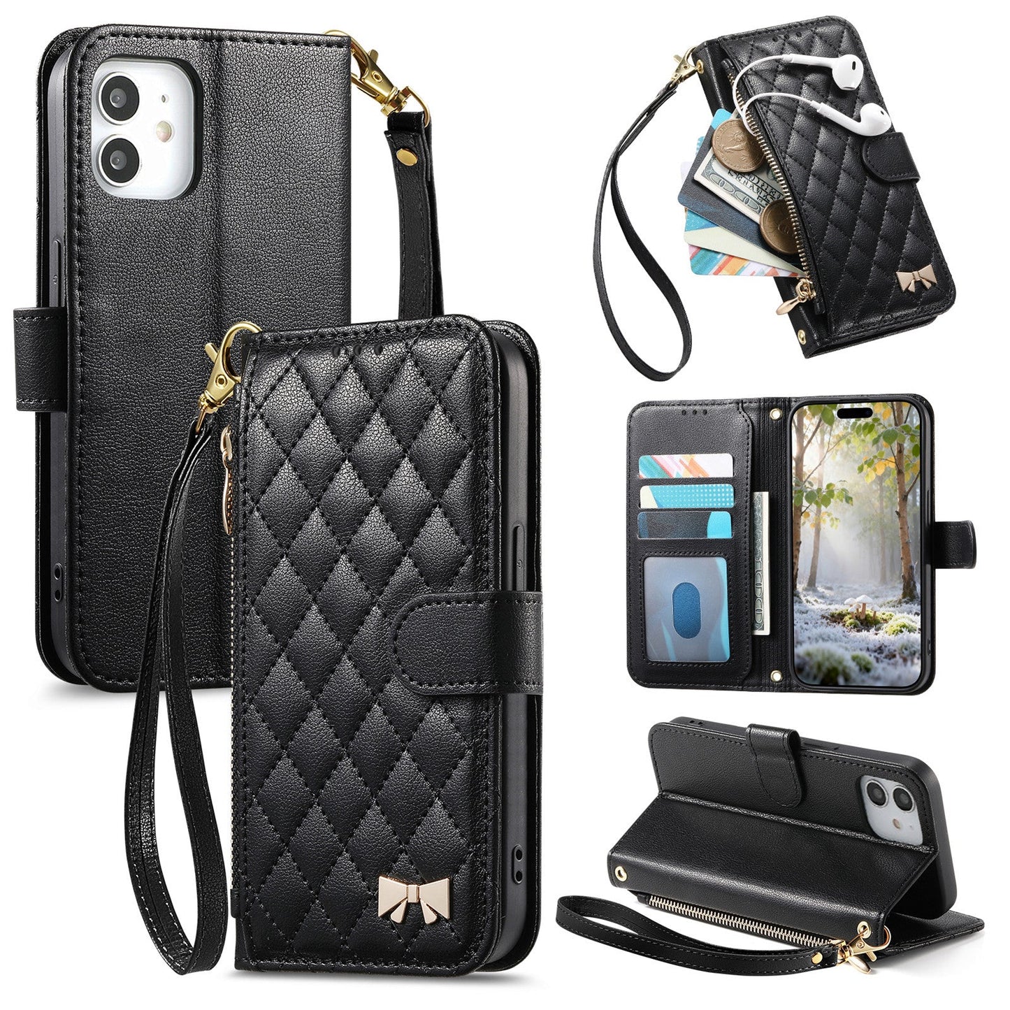 Elegant Diamond Quilted Leather Phone Wallet Case for iPhone 12 Mini