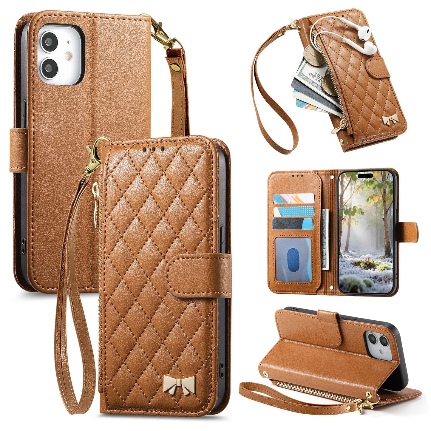 Elegant Diamond Quilted Leather Phone Wallet Case for iPhone 12 Mini
