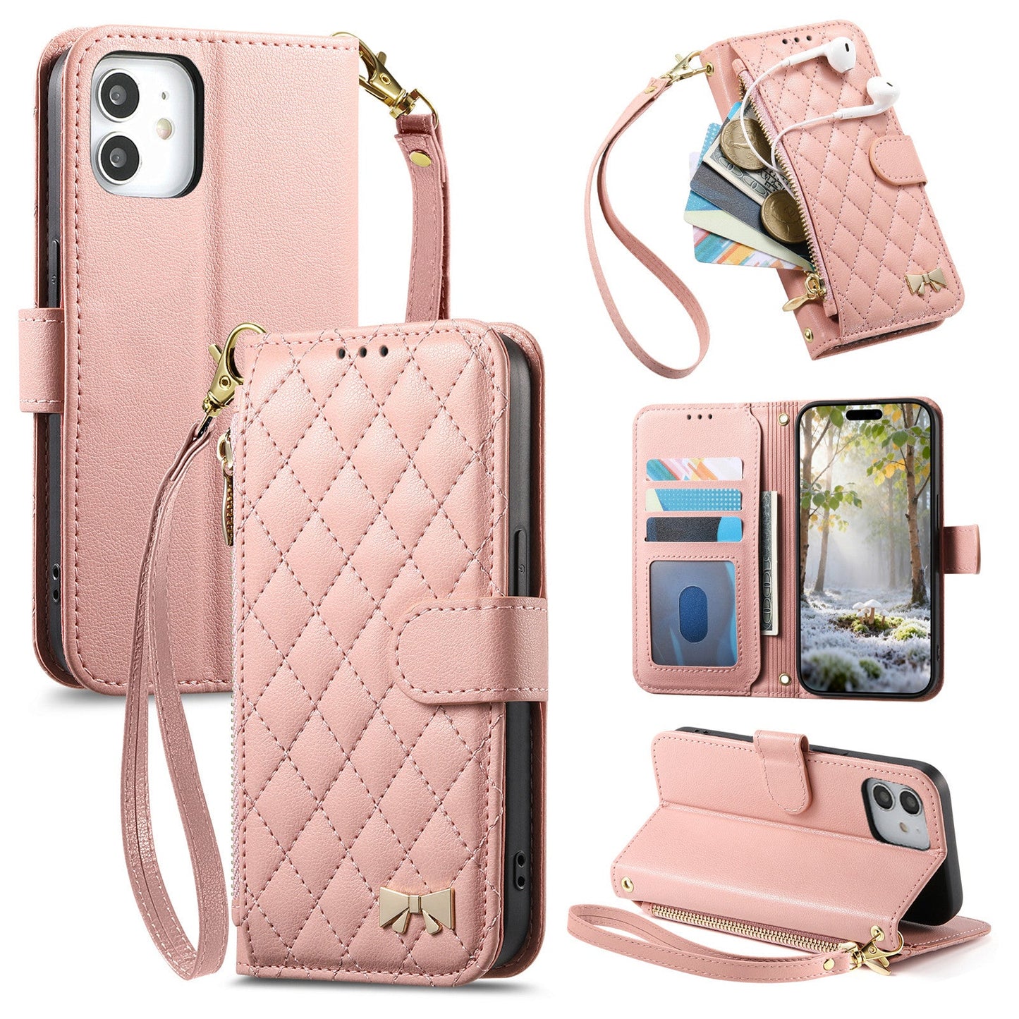 Elegant Diamond Quilted Leather Phone Wallet Case for iPhone 12 Mini