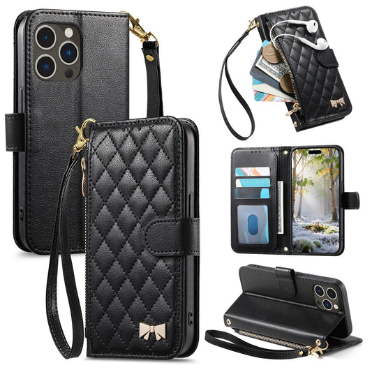 Elegant Diamond Quilted Leather Phone Wallet Case for iPhone 14 Pro Max