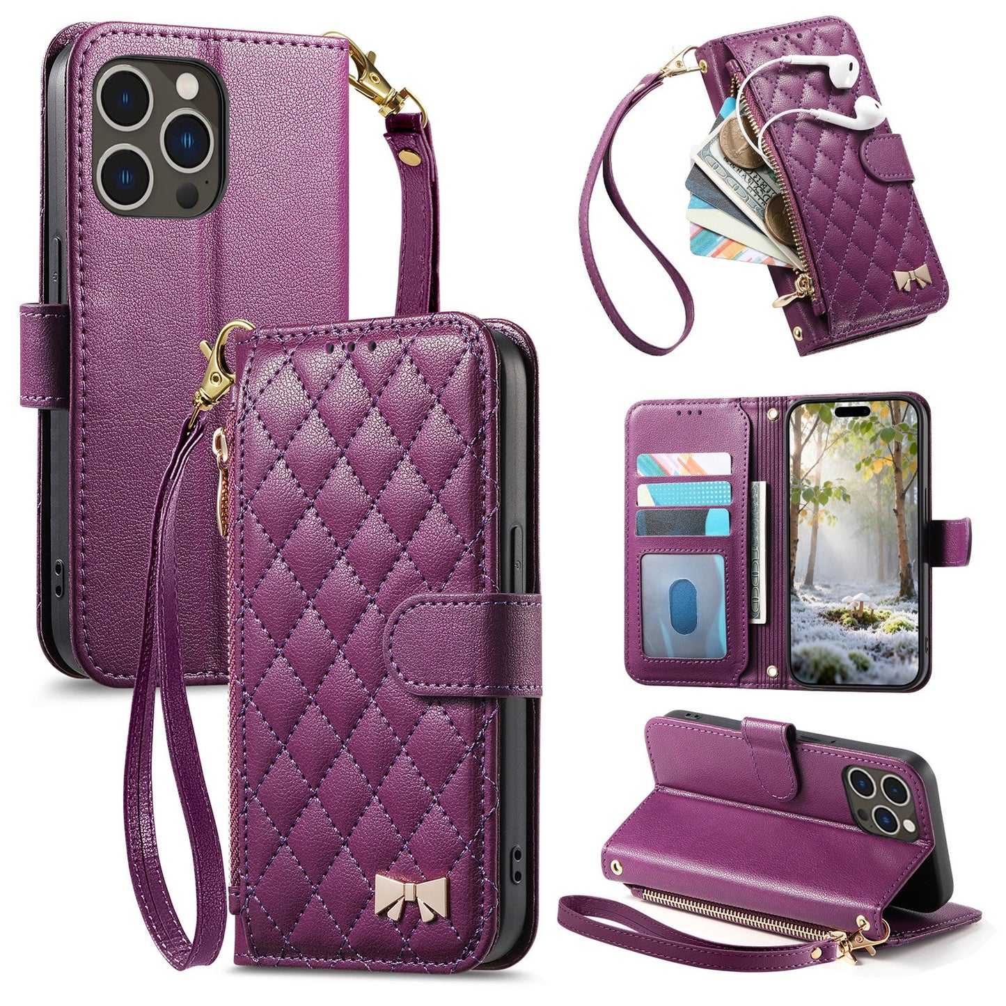 Elegant Diamond Quilted Leather Phone Wallet Case for iPhone 15 Pro Max