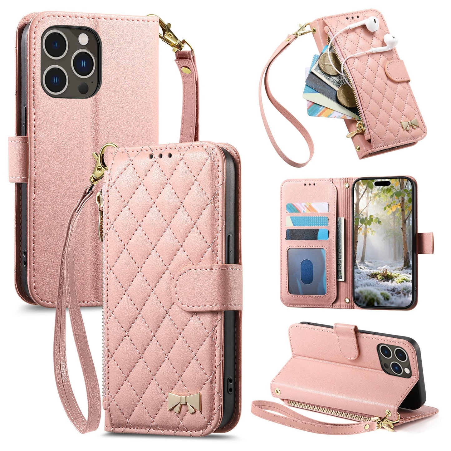 Elegant Diamond Quilted Leather Phone Wallet Case for iPhone 14 Pro Max