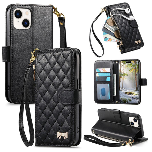 Elegant Diamond Quilted Leather Phone Wallet Case for iPhone 15