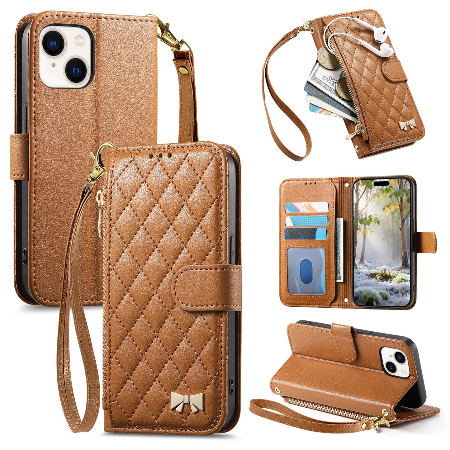 Elegant Diamond Quilted Leather Phone Wallet Case for iPhone 15 Plus
